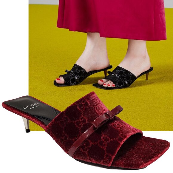 GUCCI SHOES GG LOGO BURGUNDY VELVET w BOW DETAIL SLIDES sz 38 8 US - Picture 1 of 15